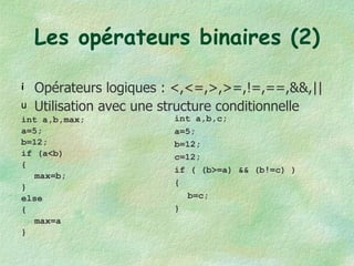 Les opérateurs binaires (2) Opérateurs logiques : <,<=,>,>=,!=,==,&&,|| Utilisation avec une structure conditionnelle int a,b,max; a=5; b=12; if (a<b) { max=b; } else { max=a } int a,b,c; a=5; b=12; c=12; if ( (b>=a) && (b!=c) ) { b=c; } 
