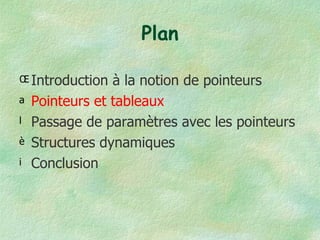 Plan Introduction à la notion de pointeurs Pointeurs et tableaux Passage de paramètres avec les pointeurs Structures dynamiques Conclusion 
