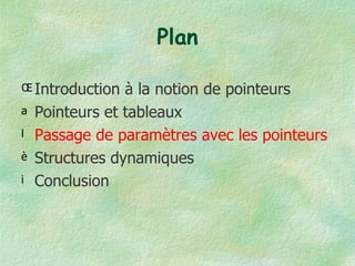 Plan Introduction à la notion de pointeurs Pointeurs et tableaux Passage de paramètres avec les pointeurs Structures dynamiques Conclusion 
