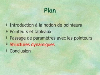 Plan Introduction à la notion de pointeurs Pointeurs et tableaux Passage de paramètres avec les pointeurs Structures dynamiques Conclusion 