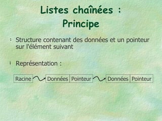 Listes chaînées : Principe Structure contenant des données et un pointeur sur l'élément suivant Représentation : Racine Données Pointeur Données Pointeur 