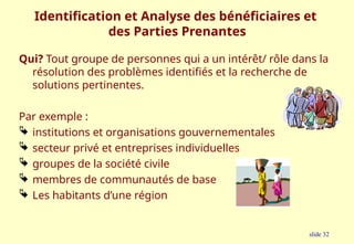 slide 32
Identification et Analyse des bénéficiaires et
des Parties Prenantes
Qui? Tout groupe de personnes qui a un intérêt/ rôle dans la
résolution des problèmes identifiés et la recherche de
solutions pertinentes.
Par exemple :
 institutions et organisations gouvernementales
 secteur privé et entreprises individuelles
 groupes de la société civile
 membres de communautés de base
 Les habitants d’une région
 