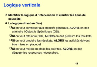 Logique verticale
 Identifier la logique d ’intervention et clarifier les liens de
causalité.
 La logique (Haut en Bas) :
SI on veut contribuer aux objectifs généraux, ALORS on doit
atteindre l’Objectifs Spécifiques (OS),
SI on veut atteindre l’OS, ALORS on doit produire les résultats,
SI on veut produire les résultats, ALORS les activités doivent
être mises en place, et
SI on veut mettre en place les activités, ALORS on doit
dégager les ressources nécessaires.
48
 