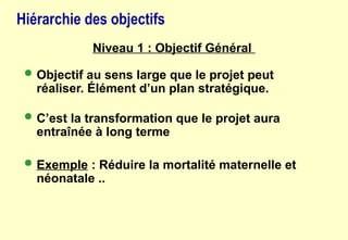Hiérarchie des objectifs
Niveau 1 : Objectif Général
 Objectif au sens large que le projet peut
réaliser. Élément d’un plan stratégique.
 C’est la transformation que le projet aura
entraînée à long terme
 Exemple : Réduire la mortalité maternelle et
néonatale ..
 
