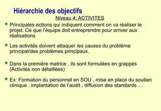 Hiérarchie des objectifs
Niveau 4: ACTIVITES
 Principales actions qui indiquent comment on va réaliser le
projet. Ce que l’équipe doit entreprendre pour arriver aux
réalisations
 Les activités doivent attaquer les causes du problème
principal/des problèmes principaux.
 Dans la première matrice , ils sont formulées en grappes
(Activités non détaillées)
 Ex: Formation du personnel en SOU , mise en place du soutien
clinique , implantation de l’audit , diffusion des standards …
 