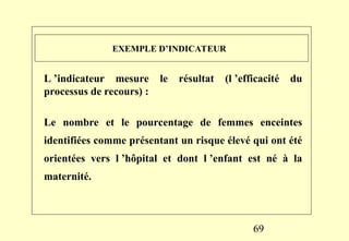 69
EXEMPLE D’INDICATEUR
L ’indicateur mesure le résultat (l ’efficacité du
processus de recours) :
Le nombre et le pourcentage de femmes enceintes
identifiées comme présentant un risque élevé qui ont été
orientées vers l ’hôpital et dont l ’enfant est né à la
maternité.
 