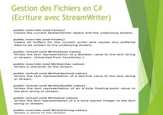 Gestion des Fichiers en C#
(Ecriture avec StreamWriter)
 
