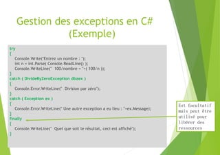 Gestion des exceptions en C#
(Exemple)
try
{
Console.Write("Entrez un nombre : ");
int n = int.Parse( Console.ReadLine() );
Console.WriteLine(" 100/nombre = "+( 100/n ));
}
catch ( DivideByZeroException dbzex )
{
Console.Error.WriteLine(" Division par zéro");
}
catch ( Exception ex )
{
Console.Error.WriteLine(" Une autre exception a eu lieu : "+ex.Message);
}
finally
{
Console.WriteLine(" Quel que soit le résultat, ceci est affiché");
}
Est facultatif
mais peut être
utilisé pour
libérer des
ressources
 