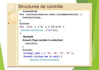 Structures de contrôle
? La boucle for
for (initialisation;test;incrémentation) {
instructions;
}
Exemple :
for (int i = 2; i < 10;i++) {
Console.WriteLine ("I="+i);
}
? foreach
foreach (Type variable in collection)
instructions;
}
Exemple :
string[] amis = { "A", "B", "C", "D" };
foreach (string nom in amis) {
Console.WriteLine(nom);
26
 