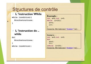 Structures de contrôle
? L ’instruction While
while (condition){
BlocInstructions;
}
}
? L ’instruction do ..
while
do{
BlocInstructions;
} i++;
while (condition);
28
Exemple :
int s=0;int i=0;
while (i<10){
s+=i;
i++;
Console.WriteLine("Somme="+s);
Exemple :
int s=0;int i=0;
do{
s+=i;
}while (i<10);
Console.WriteLine("Somme="+s);
 