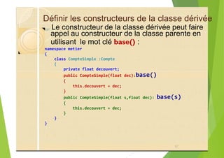 Définir les constructeurs de la classe dérivée
?
utilisant le mot clé base() :
namespace metier
{
class CompteSimple :Compte
{
private float decouvert;
public CompteSimple(float dec):base()
{
this.decouvert = dec;
}
public CompteSimple(float s,float dec): base(s)
{
this.decouvert = dec;
}
}
}
67
Le constructeur de la classe dérivée peut faire
appel au constructeur de la classe parente en
 