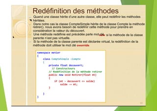 Redéfinition des méthodes
?
?
considération la valeur du découvert.
?
?
namespace metier
{
class CompteSimple :Compte
{
private float decouvert;
// Constructeurs
// Redéfinition de la méthode retirer
public new void Retirer(float mt)
{
if (mt - decouvert <= solde)
solde -= mt;
}
}
}
68
new si la méthode de la classe
parente n’est pas virtuelle.
Quand une classe hérite d’une autre classe, elle peut redéfinir les méthodes
héritées.
Dans notre cas la classe CompteSimple hérite de la classe Compte la méthode
retirer(). nous avons besoin de redéfinir cette méthode pour prendre en
Une méthode redéfinie est précédée parle mot clé
Si la méthode de la classe parente est déclarée virtual, la redéfinition de la
méthode doit utiliser le mot clé override
 
