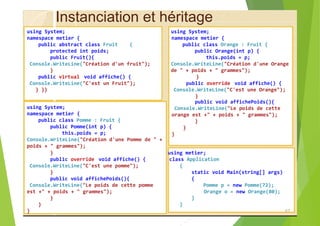 Instanciation et héritage
using System; using System;
namespace metier { namespace metier {
public abstract class Fruit { public class Orange : Fruit {
protected int poids; public Orange(int p) {
public Fruit(){ this.poids = p;
Console.WriteLine("Création d'un fruit"); Console.WriteLine("Création d'une Orange
} de " + poids + " grammes");
public virtual void affiche() { }
Console.WriteLine("C'est un Fruit"); public override void affiche() {
} }} Console.WriteLine("C'est une Orange");
}
using System;
namespace metier {
public class Pomme : Fruit {
public Pomme(int p) {
this.poids = p;
Console.WriteLine("Création d'une Pomme de " +
poids + " grammes");
} using metier;
public override void affiche() { class Application
Console.WriteLine("C'est une pomme"); {
} static void Main(string[] args)
public void affichePoids(){ {
Console.WriteLine("Le poids de cette pomme Pomme p = new Pomme(72);
est +" + poids + " grammes"); Orange o = new Orange(80);
} }
} }
} 87
public void affichePoids(){
Console.WriteLine("Le poids de cette
orange est +" + poids + " grammes");
}
}
}
 