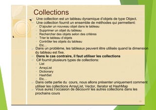 Collections
? Une collection est un tableau dynamique d’objets de type Object.
? Une collection fournit un ensemble de méthodes qui permettent:
◦ D’ajouter un nouveau objet dans le tableau
◦ Supprimer un objet du tableau
◦ Rechercher des objets selon des critères
◦ Trier le tableau d’objets
◦ Contrôler les objets du tableau
◦ Etc…
?
? Dans le cas contraire, il faut utiliser les collections
? C# fournit plusieurs types de collections:
◦ List
◦ ArrayList
◦ Dictionary
◦ HashSet
◦ Etc…
?
?
96
Dans un problème, les tableaux peuvent être utilisés quand la dimension
du tableau est fixe.
Dans cette partie du cours, nous allons présenter uniquement comment
utiliser les collections ArrayList, Vector, Iterator et HashMap
Vous aurez l’occasion de découvrir les autres collections dans les
prochains cours
 