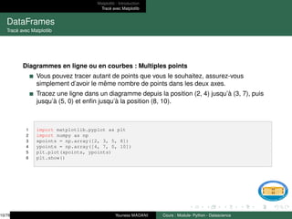Matplotlib : Introduction
Tracé avec Matplotlib
DataFrames
Tracé avec Matplotlib
Diagrammes en ligne ou en courbes : Multiples points
Vous pouvez tracer autant de points que vous le souhaitez, assurez-vous
simplement d’avoir le même nombre de points dans les deux axes.
Tracez une ligne dans un diagramme depuis la position (2, 4) jusqu’à (3, 7), puis
jusqu’à (5, 0) et enfin jusqu’à la position (8, 10).
1 import matplotlib.pyplot as plt
2 import numpy as np
3 xpoints = np.array([2, 3, 5, 8])
4 ypoints = np.array([4, 7, 0, 10])
5 plt.plot(xpoints, ypoints)
6 plt.show()
10/78 Youness MADANI Cours : Module- Python - Datascience
 
