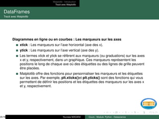 Matplotlib : Introduction
Tracé avec Matplotlib
DataFrames
Tracé avec Matplotlib
Diagrammes en ligne ou en courbes : Les marqueurs sur les axes
xtick : Les marqueurs sur l’axe horizontal (axe des x).
ytick : Les marqueurs sur l’axe vertical (axe des y).
Les termes xtick et ytick se réfèrent aux marqueurs (ou graduations) sur les axes
x et y, respectivement, dans un graphique. Ces marqueurs représentent les
positions le long de chaque axe où des étiquettes ou des lignes de grille peuvent
être placées.
Matplotlib offre des fonctions pour personnaliser les marqueurs et les étiquettes
sur les axes. Par exemple, plt.xticks()et plt.yticks() sont des fonctions qui vous
permettent de définir les positions et les étiquettes des marqueurs sur les axes x
et y, respectivement.
35/78 Youness MADANI Cours : Module- Python - Datascience
 