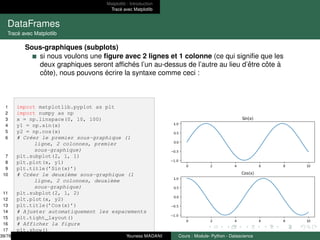 Matplotlib : Introduction
Tracé avec Matplotlib
DataFrames
Tracé avec Matplotlib
Sous-graphiques (subplots)
si nous voulons une figure avec 2 lignes et 1 colonne (ce qui signifie que les
deux graphiques seront affichés l’un au-dessus de l’autre au lieu d’être côte à
côte), nous pouvons écrire la syntaxe comme ceci :
1 import matplotlib.pyplot as plt
2 import numpy as np
3 x = np.linspace(0, 10, 100)
4 y1 = np.sin(x)
5 y2 = np.cos(x)
6 # Créer le premier sous-graphique (1
ligne, 2 colonnes, premier
sous-graphique)
7 plt.subplot(2, 1, 1)
8 plt.plot(x, y1)
9 plt.title(’Sin(x)’)
10 # Créer le deuxième sous-graphique (1
ligne, 2 colonnes, deuxième
sous-graphique)
11 plt.subplot(2, 1, 2)
12 plt.plot(x, y2)
13 plt.title(’Cos(x)’)
14 # Ajuster automatiquement les espacements
15 plt.tight_layout()
16 # Afficher la figure
17 plt.show()
39/78 Youness MADANI Cours : Module- Python - Datascience
 