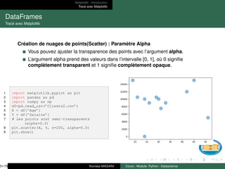 Matplotlib : Introduction
Tracé avec Matplotlib
DataFrames
Tracé avec Matplotlib
Création de nuages de points(Scatter) : Paramètre Alpha
Vous pouvez ajuster la transparence des points avec l’argument alpha.
L’argument alpha prend des valeurs dans l’intervalle [0, 1], où 0 signifie
complètement transparent et 1 signifie complètement opaque.
1 import matplotlib.pyplot as plt
2 import pandas as pd
3 import numpy as np
4 df=pd.read_csv(’Clients2.csv’)
5 X = df[’Age’]
6 Y = df[’Salaire’]
7 # Les points sont semi-transparents
(alpha=0.5)
8 plt.scatter(X, Y, s=200, alpha=0.5)
9 plt.show()
51/78 Youness MADANI Cours : Module- Python - Datascience
 