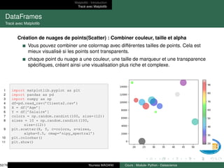 Matplotlib : Introduction
Tracé avec Matplotlib
DataFrames
Tracé avec Matplotlib
Création de nuages de points(Scatter) : Combiner couleur, taille et alpha
Vous pouvez combiner une colormap avec différentes tailles de points. Cela est
mieux visualisé si les points sont transparents.
chaque point du nuage a une couleur, une taille de marqueur et une transparence
spécifiques, créant ainsi une visualisation plus riche et complexe.
1 import matplotlib.pyplot as plt
2 import pandas as pd
3 import numpy as np
4 df=pd.read_csv(’Clients2.csv’)
5 X = df[’Age’]
6 Y = df[’Salaire’]
7 colors = np.random.randint(100, size=(12))
8 sizes = 10 * np.random.randint(100,
size=(12))
9 plt.scatter(X, Y, c=colors, s=sizes,
alpha=0.5, cmap=’nipy_spectral’)
10 plt.colorbar()
11 plt.show()
52/78 Youness MADANI Cours : Module- Python - Datascience
 