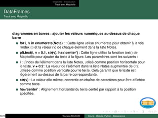 Matplotlib : Introduction
Tracé avec Matplotlib
DataFrames
Tracé avec Matplotlib
diagrammes en barres : ajouter les valeurs numériques au-dessus de chaque
barre
for i, v in enumerate(Note) : : Cette ligne utilise enumerate pour obtenir à la fois
l’index (i) et la valeur (v) de chaque élément dans la liste Notes.
plt.text(i, v + 0.1, str(v), ha=’center’) : Cette ligne utilise la fonction text() de
Matplotlib pour ajouter du texte à la figure. Les paramètres sont les suivants :
i : L’index de l’élément dans la liste Notes, utilisé comme position horizontale pour
le texte. v + 0.2 : La valeur de l’élément dans la liste Notes augmentée de 0.2,
utilisée comme position verticale pour le texte. Cela garantit que le texte est
légèrement au-dessus de la barre correspondante.
str(v) : La valeur elle-même, convertie en chaı̂ne de caractères pour être affichée
comme texte.
ha=’center’ : Alignement horizontal du texte centré par rapport à la position
spécifiée.
59/78 Youness MADANI Cours : Module- Python - Datascience
 
