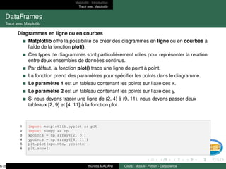 Matplotlib : Introduction
Tracé avec Matplotlib
DataFrames
Tracé avec Matplotlib
Diagrammes en ligne ou en courbes
Matplotlib offre la possibilité de créer des diagrammes en ligne ou en courbes à
l’aide de la fonction plot().
Ces types de diagrammes sont particulièrement utiles pour représenter la relation
entre deux ensembles de données continus.
Par défaut, la fonction plot() trace une ligne de point à point.
La fonction prend des paramètres pour spécifier les points dans le diagramme.
Le paramètre 1 est un tableau contenant les points sur l’axe des x.
Le paramètre 2 est un tableau contenant les points sur l’axe des y.
Si nous devons tracer une ligne de (2, 4) à (9, 11), nous devons passer deux
tableaux [2, 9] et [4, 11] à la fonction plot.
1 import matplotlib.pyplot as plt
2 import numpy as np
3 xpoints = np.array([2, 9])
4 ypoints = np.array([4, 11])
5 plt.plot(xpoints, ypoints)
6 plt.show()
6/78 Youness MADANI Cours : Module- Python - Datascience
 