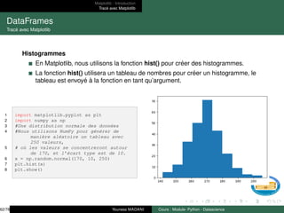 Matplotlib : Introduction
Tracé avec Matplotlib
DataFrames
Tracé avec Matplotlib
Histogrammes
En Matplotlib, nous utilisons la fonction hist() pour créer des histogrammes.
La fonction hist() utilisera un tableau de nombres pour créer un histogramme, le
tableau est envoyé à la fonction en tant qu’argument.
1 import matplotlib.pyplot as plt
2 import numpy as np
3 #Une distribution normale des données
4 #Nous utilisons NumPy pour générer de
manière aléatoire un tableau avec
250 valeurs,
5 # où les valeurs se concentreront autour
de 170, et l’écart type est de 10.
6 x = np.random.normal(170, 10, 250)
7 plt.hist(x)
8 plt.show()
62/78 Youness MADANI Cours : Module- Python - Datascience
 