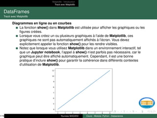 Matplotlib : Introduction
Tracé avec Matplotlib
DataFrames
Tracé avec Matplotlib
Diagrammes en ligne ou en courbes
La fonction show() dans Matplotlib est utilisée pour afficher les graphiques ou les
figures créées.
Lorsque vous créez un ou plusieurs graphiques à l’aide de Matplotlib, ces
graphiques ne sont pas automatiquement affichés à l’écran. Vous devez
explicitement appeler la fonction show() pour les rendre visibles.
Notez que lorsque vous utilisez Matplotlib dans un environnement interactif, tel
que un Jupyter notebook, l’appel à show() n’est parfois pas nécessaire, car le
graphique peut être affiché automatiquement. Cependant, il est une bonne
pratique d’inclure show() pour garantir la cohérence dans différents contextes
d’utilisation de Matplotlib.
7/78 Youness MADANI Cours : Module- Python - Datascience
 