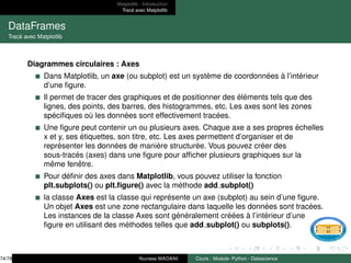 Matplotlib : Introduction
Tracé avec Matplotlib
DataFrames
Tracé avec Matplotlib
Diagrammes circulaires : Axes
Dans Matplotlib, un axe (ou subplot) est un système de coordonnées à l’intérieur
d’une figure.
Il permet de tracer des graphiques et de positionner des éléments tels que des
lignes, des points, des barres, des histogrammes, etc. Les axes sont les zones
spécifiques où les données sont effectivement tracées.
Une figure peut contenir un ou plusieurs axes. Chaque axe a ses propres échelles
x et y, ses étiquettes, son titre, etc. Les axes permettent d’organiser et de
représenter les données de manière structurée. Vous pouvez créer des
sous-tracés (axes) dans une figure pour afficher plusieurs graphiques sur la
même fenêtre.
Pour définir des axes dans Matplotlib, vous pouvez utiliser la fonction
plt.subplots() ou plt.figure() avec la méthode add subplot()
la classe Axes est la classe qui représente un axe (subplot) au sein d’une figure.
Un objet Axes est une zone rectangulaire dans laquelle les données sont tracées.
Les instances de la classe Axes sont généralement créées à l’intérieur d’une
figure en utilisant des méthodes telles que add subplot() ou subplots().
74/78 Youness MADANI Cours : Module- Python - Datascience
 
