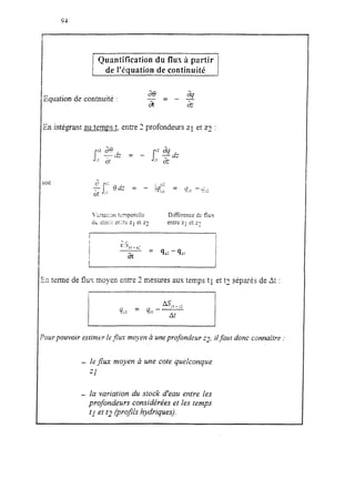 / Quantification du flux à partir
1 de l’équation de continuité
Equation dz conmuité :
ae ag-=$ = - &
31 intégrant au temm t: entre 2 profondeurs z1 et zz :
oit :
32terme de flux moyen entre 2 mesures aux temps tl et tz séparés de A: :
‘our pouvoir estimer Iefixx moyen à uneprofondeur “1, il faut donc connaitre :
- le flux moyen à une cote quelconque
“1
- la variation du stock d’eau entre les
profondeurs considérées et les temps
tl et t2 (profils hydriques).
 