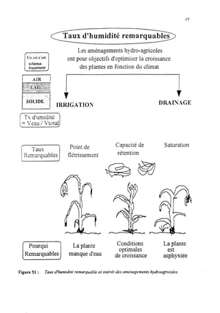 97
‘L’ntoic’est
i 1
schéma-
tiquement
x d’humidité remarq
Les aménagementshydre-agricoles
ont pour objectifs d’optimiser la croissance
desplantes en fonction du climat
‘I 7
IRRIGATIOS DRAISAGE
i Taus 7 Point de
/ Xemarquables 1 flétrissement
Pourqui La plante
Remarquables manque d’eau
Capacité de
rétention
Saturation
Conditions La plante
optimales est
de croissance asphyxiée
Figure 51 : Taux d’humidité remarquable et intérêt des aménagements hydroagricoles.
 