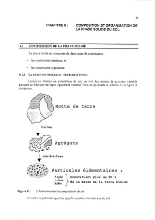 33
CHAPITRE 6 : COMPOSITION ET ORGANISATION DE
LA PHASE SOLIDE DU SOL
6.1 COMPOSITION DE LA PHASE SOLIDE
La phase solide est composée de deux types de constituants :
- les constituants minéraux, et
- les constituants organiques.
6.1.1 LA FRACTION MWEIWLE - TEXTURE D’UN SOL
Lorsqu’on observe un échantillon de sol, on voit des mottes de grosseur variable
pouvant se fracturer de façon également variable. C’est ce qu’illustre le schéma de la figure S
ci-dessous :
Motte de terre
/
fraction
Agrégats
mise dans l’eau
v
Figure 8 : SL-hima montant la composition du sol
Ce sont ces particules que l’on appelle constituants minéraux du sol.
 