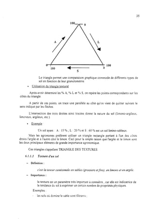 35
Le triangle permet une comparaison graphique commode de différents types de
sol en fonction de leur granulométrie.
l C’tiiisation du trianole textural
Après avoir déterminé les % A, % L et % S, on repère les points correspondants sur les
côtés du triangle.
A partir de ces points, on trace une parallèle au côté qu’on vient de quitter suivant le
sens indiqué par les flèches.
L’intersection des trois droites ainsi tracées donne la nature du sol (Iimono-argileux,
limoneux, argileux, etc.).
l Exemule :
Unsolayant: A: lj%;L:20?/oetS:60 ?‘Aest un sol limino-sableux.
hiais les agronomes préfèrent utiliser un triangle rectangle portant à l’un des c&és
droits l’argile et à l’autre coté le limon. Ceci pour la simple raison que l’argile et le limon sont
les deux principaux éléments de grande importance agronomique.
Ces triangles s’appellent TRIANGLE DES TEXTURES.
6.I. 1.3 Texture d’un sol
- Définition :
c’est la teneur centhintale en sables (grossiers etfins), en limons et en argile.
- Importance :
la texture est un paramètre très important à connaître , car elle est indicatrice de
la tendance du sol à exprimer un certain nombre de propriétés physiques.
Exemples :
. les sols où domine le sable sont filtrants :
 