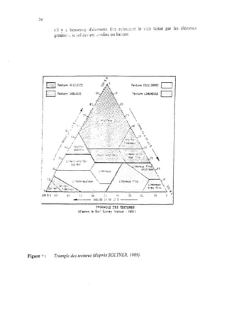 Texture ZUILIBREE
Texture 5AELEUSC Texture LItSNEUSE F]
+
“J j
/
‘Lincre2x
/
argileux 0"
1 ,.:_.
,.".
." I.*y , , .;
4 '., :>
Y."
1
Figure *) : Trinngir des textures (d’après SOLlNER, 1989).
 