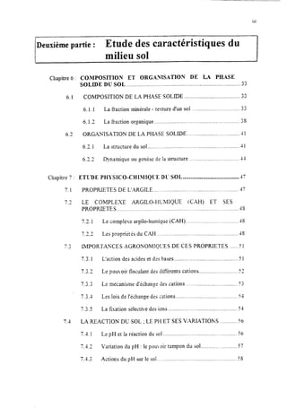 111
Deuxième partie : Etude des caractéristiques du
milieu sol
Chapitre 6 : COMPOSITION ET ORGAMSATION DE LA PELASE
SOLIDE DU SOL.. ......................................................................... .33
6.1 COIMPOSITION DE LA PHASE SOLIDE ..................................... 33
6.1.1 La fraction minérale - texure d’un sol ................................ 33
6.2
6.1.2 La fiaction organique ........................................................ .38
ORGANISATION DE LA PHASE SOLIDE ................................... 41
6.21 La structure du sol .....__._......._....._........................._............4 1
6 ?.?.- d Qnamique ou Senèse de la structure ................_... ._.........44
Chapitre 7 :
7.1
7.3
ETLDE PH13ICO-CHIMIQI-E DL-SOL .....................................47
PROPRIETES DE L’ARGILE _...................................,....t............... 47
LE COMPLEXE ARGILO-HCMIQUE (CU-I) ET SES
PROPRIETES .................................................................................48
-Y-/.J
1
7.4
7.2.1 Le complexe ar@o-humique (CAH) ... . ........___...._____._.......-4s
773.-.- Les propriétés du CAH _.,............................._........_............ -4s
IMPORTAYCES AGRONOMIQLES DE CES PROPRIETES _.....51
7.3.1 L’action des acides et des bases......................._.................. 51
7.2.2 Le pouvoir floculant des différents cations .._..._._......._....._...53
7.3.3 Le mécanisme d’échange des cations .................................. 23
7.3.4 Les lois de l’échange des sations.. ....................................... 7-1
7.3.5 La fïsation sélective des ions.. ............................................ 5-l
LA REACTION DU SOL ; LE PH ET SES VARIATIONS.. ..........i6
7.4.1 Le pH et la réaction du sol.. ............................................... 56
7.4.2 Variation du pH : le pouxcir tampon du sol.. ...................... 57
7.1.3 Actions du pH sur le sol..................................................... SS
 