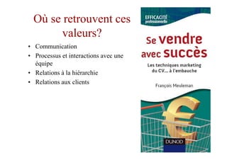 Où se retrouvent ces
       valeurs?
• Communication
• Processus et interactions avec une
  équipe
• Relations à la hiérarchie
• Relations aux clients
 