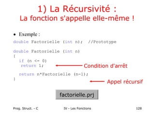 Prog. Struct. - C IV - Les Fonctions 128
1) La Récursivité :
La fonction s'appelle elle-même !
• Exemple :
double Factorielle (int n); //Prototype
double Factorielle (int n)
{
if (n <= 0)
return 1;
return n*Factorielle (n-1);
}
Condition d'arrêt
Appel récursif
factorielle.prj
 
