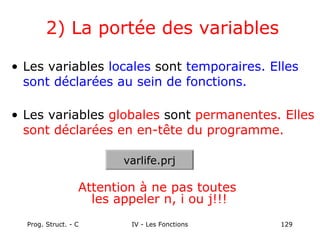 Prog. Struct. - C IV - Les Fonctions 129
2) La portée des variables
• Les variables locales sont temporaires. Elles
sont déclarées au sein de fonctions.
• Les variables globales sont permanentes. Elles
sont déclarées en en-tête du programme.
varlife.prj
Attention à ne pas toutes
les appeler n, i ou j!!!
 