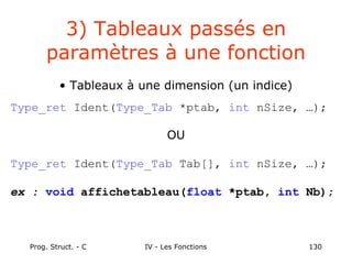 Prog. Struct. - C IV - Les Fonctions 130
3) Tableaux passés en
paramètres à une fonction
• Tableaux à une dimension (un indice)
Type_ret Ident(Type_Tab *ptab, int nSize, …);
OU
Type_ret Ident(Type_Tab Tab[], int nSize, …);
ex : void affichetableau(float *ptab, int Nb);
 