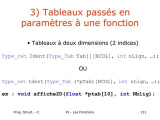Prog. Struct. - C IV - Les Fonctions 131
• Tableaux à deux dimensions (2 indices)
Type_ret Ident(Type_Tab Tab[][NCOL], int nLign, …);
OU
Type_ret Ident(Type_Tab (*pTab)[NCOL], int nLign, …);
ex : void affiche2D(float *ptab[10], int Nblig);
3) Tableaux passés en
paramètres à une fonction
 