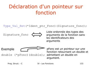 Prog. Struct. - C IV - Les Fonctions 133
Déclaration d'un pointeur sur
fonction
Type_Val_Ret(*Ident_ptr_Fonc)(Signature_fonc);
Signature_fonc
Liste ordonnée des types des
arguments de la fonction sans
les identificateurs des
arguments
Exemple
double (*pFonc)(double);
pFonc est un pointeur sur une
fonction retournant un double et
admettant un double en
argument.
 