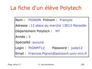 Prog. struct. C V- Les structures 139
La fiche d'un élève Polytech
Nom : Prénom :
Adresse :
Département Polytech :
Année :
Spécialité :
Login : Password :
Email :
PIGNON François
12 place du marché 13013 Marseille
MT
3
aucune
PIGNMT12 juste12
Francois.Pignon@polytech.univ-mrs.fr
 