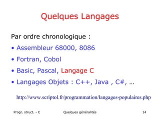 Progr. struct. - C Quelques généralités 14
Quelques Langages
Par ordre chronologique :
• Assembleur 68000, 8086
• Fortran, Cobol
• Basic, Pascal, Langage C
• Langages Objets : C++, Java , C#, …
http://www.scriptol.fr/programmation/langages-populaires.php
 