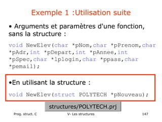 Prog. struct. C V- Les structures 147
Exemple 1 :Utilisation suite
• Arguments et paramètres d'une fonction,
sans la structure :
void NewElev(char *pNom,char *pPrenom,char
*pAdr,int *pDepart,int *pAnnee,int
*pSpec,char *lplogin,char *ppass,char
*pemail);
•En utilisant la structure :
void NewElev(struct POLYTECH *pNouveau);
structures/POLYTECH.prj
 