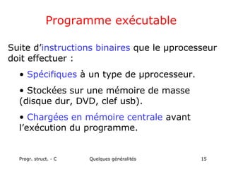 Progr. struct. - C Quelques généralités 15
Programme exécutable
Suite d’instructions binaires que le µprocesseur
doit effectuer :
• Spécifiques à un type de µprocesseur.
• Stockées sur une mémoire de masse
(disque dur, DVD, clef usb).
• Chargées en mémoire centrale avant
l’exécution du programme.
 