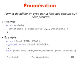 Prog. struct. C V-... les énumérations 151
Énumération
Permet de définir un type par la liste des valeurs qu'il
peut prendre.
• Syntaxe :
enum modele
{ constante_1,constante_2,…,constante_n
};
• Exemple :
enum tBool{FAUX,VRAI};
typedef enum tBool BOOLEEN;
...
enum jours_ouv{lundi,mardi,mercredi,jeudi,vendredi};
 