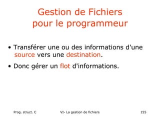 Prog. struct. C VI- La gestion de fichiers 155
Gestion de Fichiers
pour le programmeur
• Transférer une ou des informations d'une
source vers une destination.
• Donc gérer un flot d'informations.
 