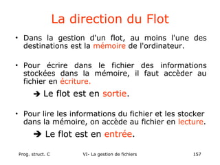 Prog. struct. C VI- La gestion de fichiers 157
La direction du Flot
• Dans la gestion d'un flot, au moins l'une des
destinations est la mémoire de l'ordinateur.
• Pour écrire dans le fichier des informations
stockées dans la mémoire, il faut accèder au
fichier en écriture.
 Le flot est en sortie.
• Pour lire les informations du fichier et les stocker
dans la mémoire, on accède au fichier en lecture.
 Le flot est en entrée.
 