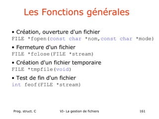 Prog. struct. C VI- La gestion de fichiers 161
• Création, ouverture d'un fichier
FILE *fopen(const char *nom,const char *mode)
• Fermeture d'un fichier
FILE *fclose(FILE *stream)
• Création d'un fichier temporaire
FILE *tmpfile(void)
• Test de fin d'un fichier
int feof(FILE *stream)
Les Fonctions générales
 
