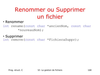 Prog. struct. C VI- La gestion de fichiers 168
Renommer ou Supprimer
un fichier
• Renommer
int rename(const char *ancienNom, const char
*nouveauNom);
• Supprimer
int remove(const char *FichieraSuppr);
 