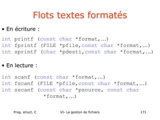 Prog. struct. C VI- La gestion de fichiers 171
Flots textes formatés
• En écriture :
int printf (const char *format,…)
int fprintf (FILE *pfile,const char *format,…)
int sprintf (char *pdesti,const char *format,…)
• En lecture :
int scanf (const char *format,…)
int fscanf (FILE *pfile,const char *format,…)
int sscanf (const char *psource, const char
*format,…)
 